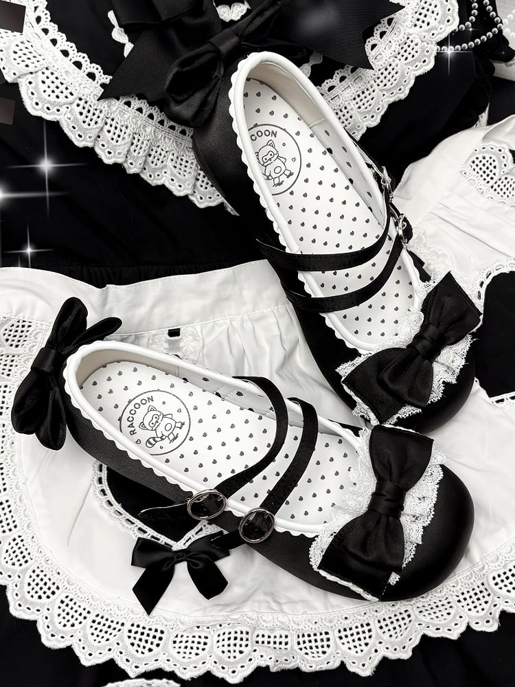 Black Sweet Lolita Low-heel Shoes - Round Toe with Ruffle Lace, Bow Decor & Paired Buckles
