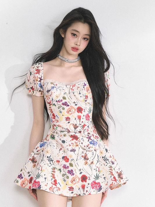Allover Floral Print Square Neckline and Short Puff Sleeves Apricot Holiday Mini Dress