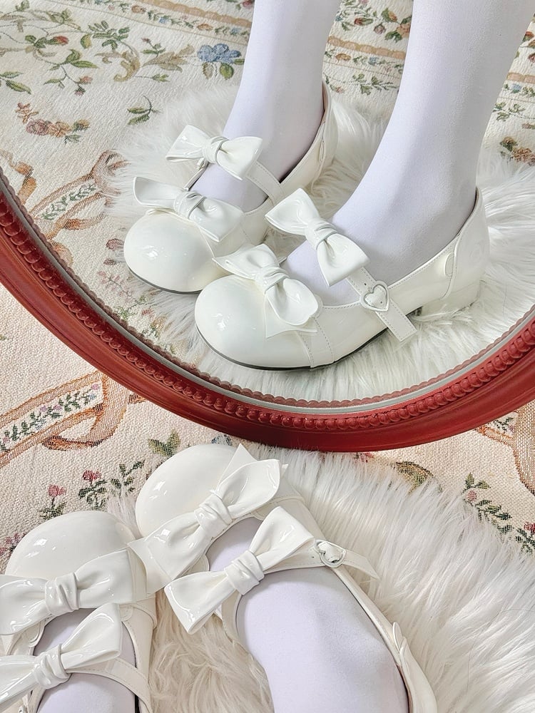 Beige Bow Accents Point Toe Sweet Lolita Block Heels