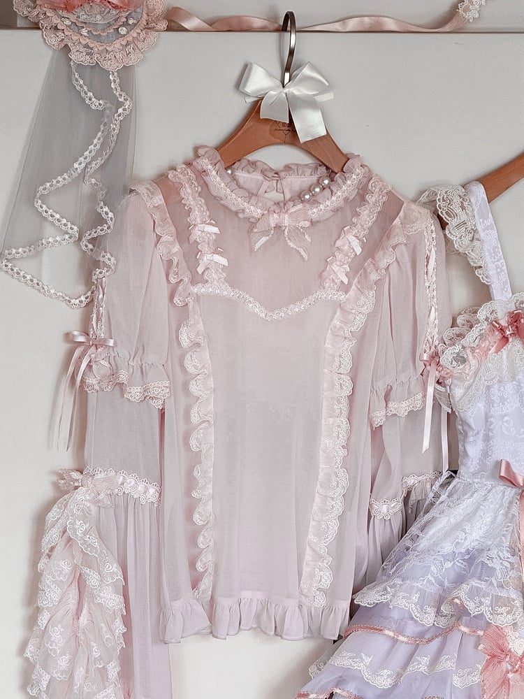 Pink Short Sleeves Blouse with Detachable Bell Sleeves