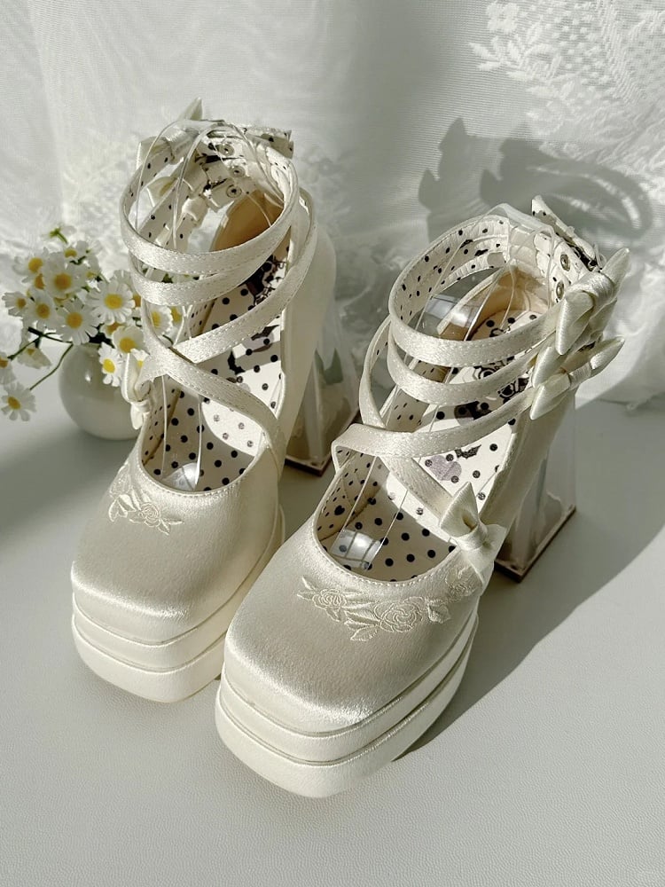 Creamy White Camellia Flower High Block Heel Elegant Platform High Heels