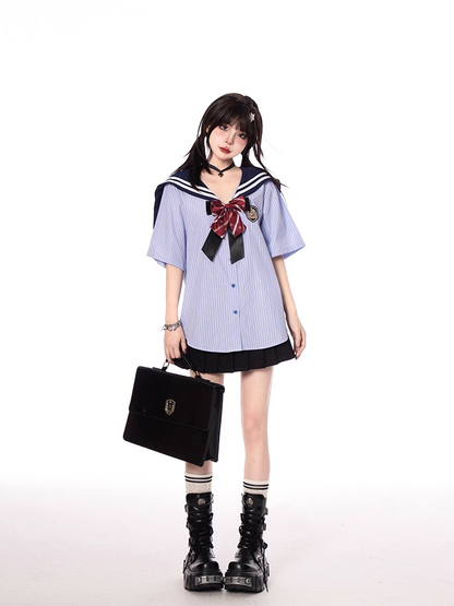 Double Heart Buckles Black Preppy Style Pleated Skirt