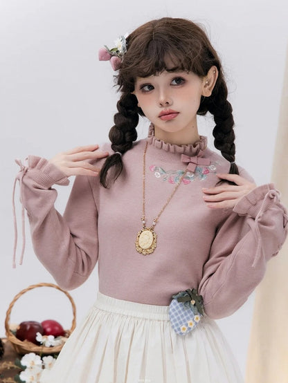 Strawberry Embroidery Neckline Lace-up Cuffs Dusty Pink Autumn Knit Top