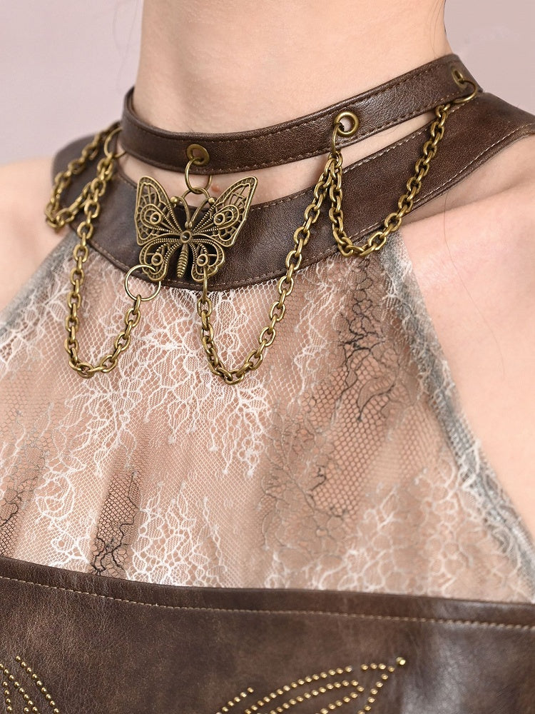 Chains Decorated Light Brown Wasteland Punk PU Butterfly Choker