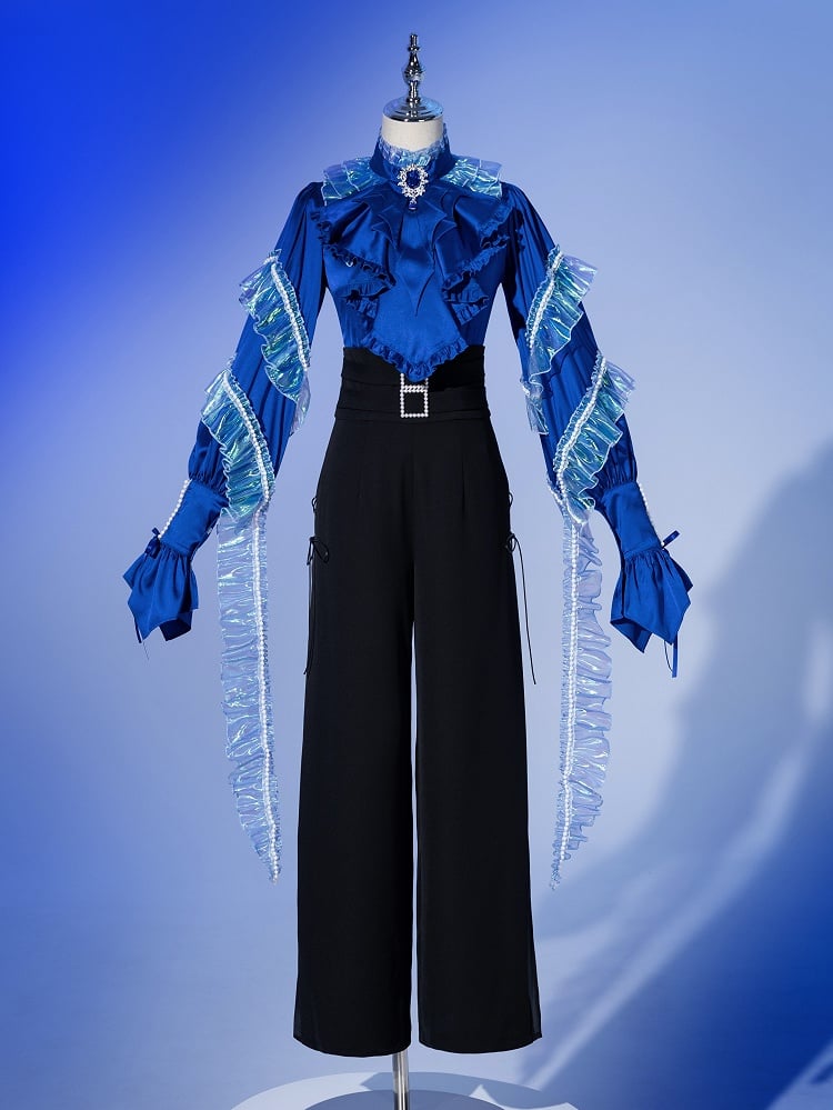 Deep Sea Blue Bat Wings Cascading Ruffle Trim Jabot Tie