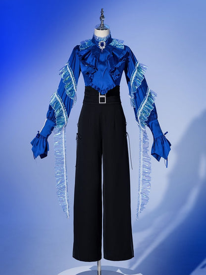 Deep Sea Blue Bat Wings Cascading Ruffle Trim Jabot Tie