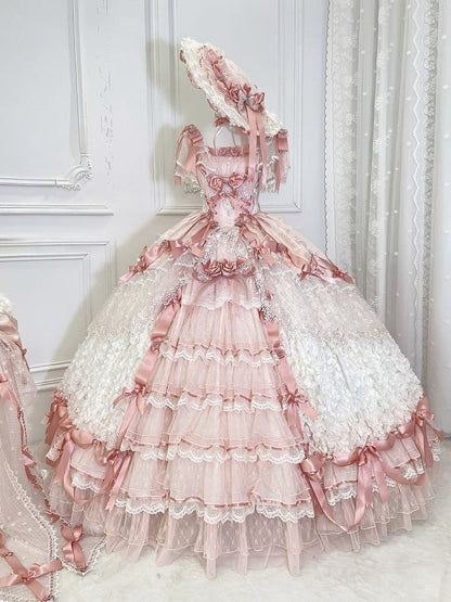 Pink Hanayome Lolita Hime Wedding Dress with Corset Waist and Rose Bow Accents Long Version