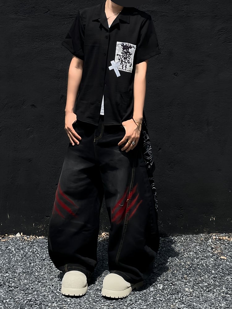 Punk Applique Black/White Notched Collar Short Sleeves Shirt