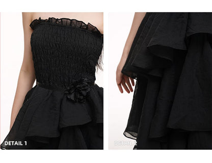 Black High Waist Mesh Tiered Skirt Prom Gown Dress