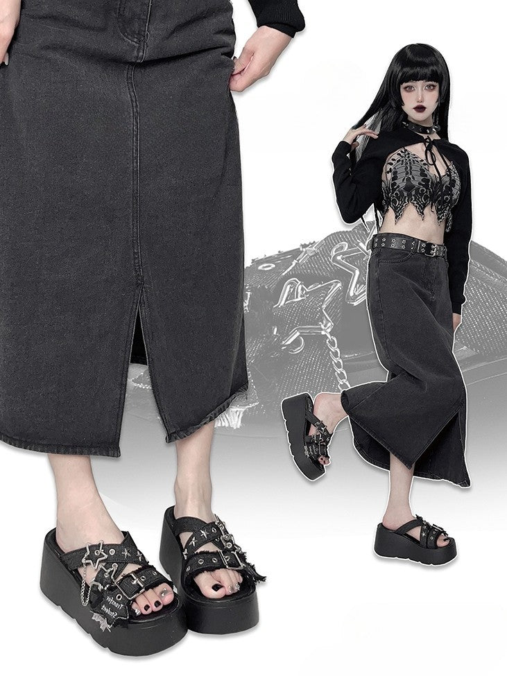 Star-shaped Buckles and Studs Black Denim Punk Platform Slippers