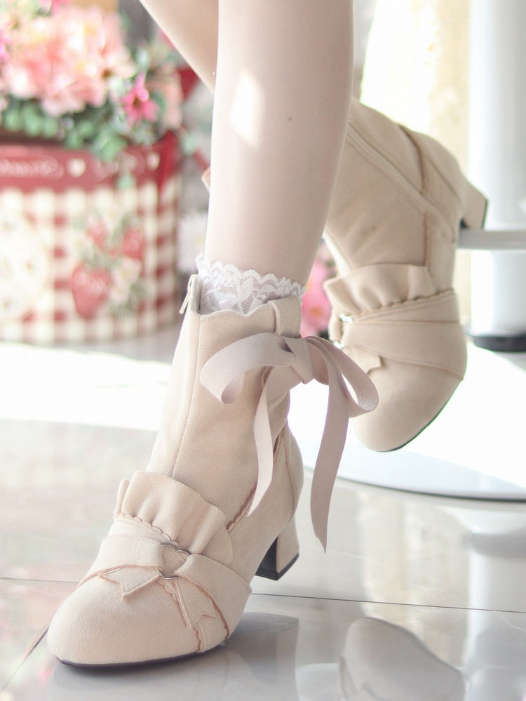 Beige Knotted Bow Accent Zip Closure at Sides Ankle Boots