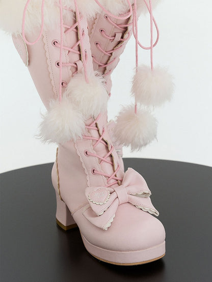 PU Pink Sweet Lolita Knee-High Boots - Plush Cuff with Bow Accents, Pompom Charm & Dual Closure