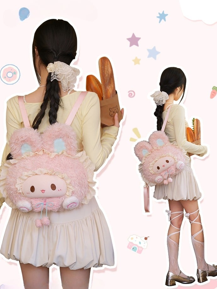 Pink Rabbit-shaped Lace Trim Plush Backpack