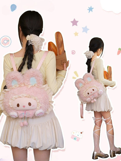 Pink Rabbit-shaped Lace Trim Plush Backpack