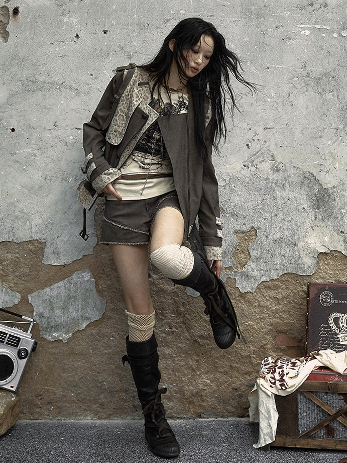 Brown and Gray Punk Streetwear Leopard Jacket with Detachable Sleeves