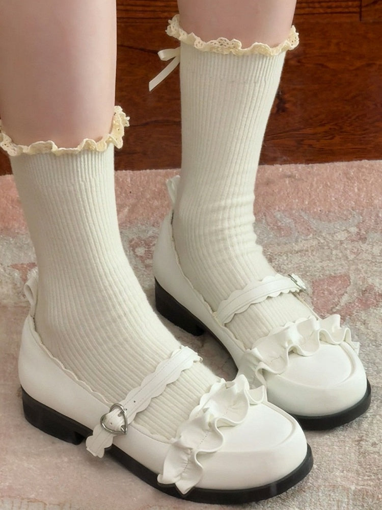 White Ruffles Trim Bowknot Decorated Heart Buckles Lolita Shoes