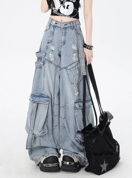 Blue Low Rise Distressed Holes Wide-leg Cargo Jeans