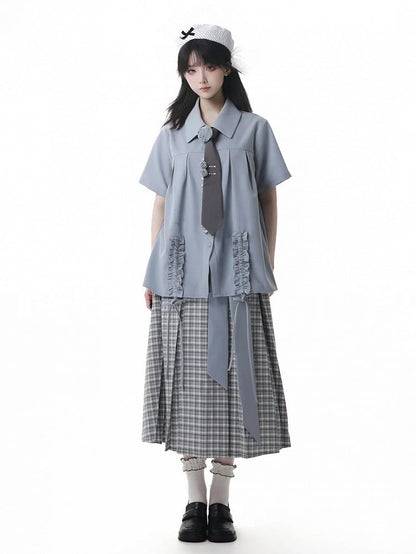 Dusty Blue Ruffle Trim Drawstring Details Preppy Style Loose Shirt