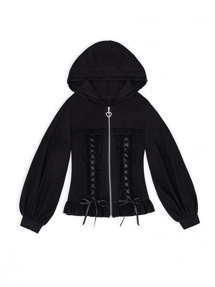 Autumn & Winter Jirai Kei Black Zip-up Hoodie with Ruffle Accents and Criss-cross Ribbon