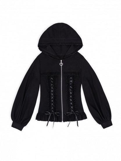 Autumn & Winter Jirai Kei Black Zip-up Hoodie with Ruffle Accents and Criss-cross Ribbon
