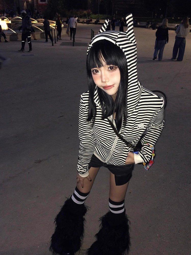 Y2K Black & White Stripes Zip-Up Hoodie with Devil Hood
