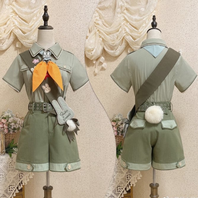 Bunny Ouji Full Set - Shirt with Carrot Tie + Shorts + Skirt with Waist Belt and 2 Plush Tails