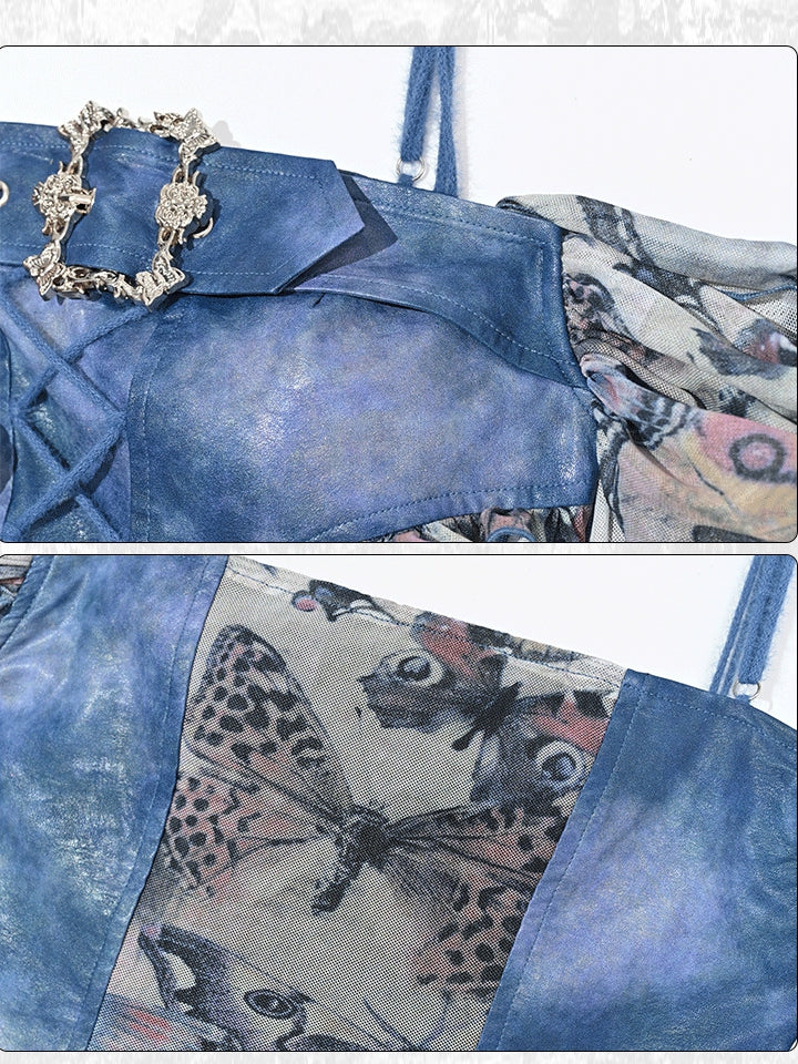 Grunge Punk Rock Fairycore Blue Butterflies Print Mesh Patchwork Design PU Top Flounce Hem