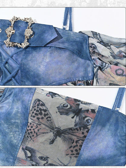 Grunge Punk Rock Fairycore Blue Butterflies Print Mesh Patchwork Design PU Top Flounce Hem