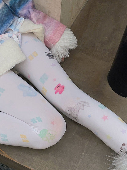 Sweet White Tights With Multi-Color Bear Print