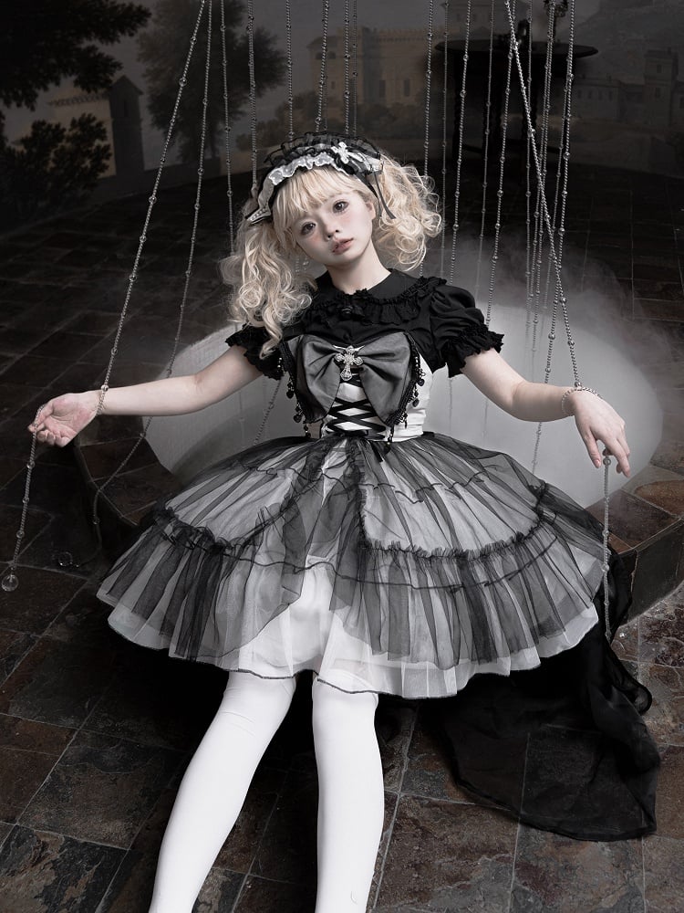 Plus Size Friendly Gothic Cross Big Bow Neckline Jumper Skirt Black and White