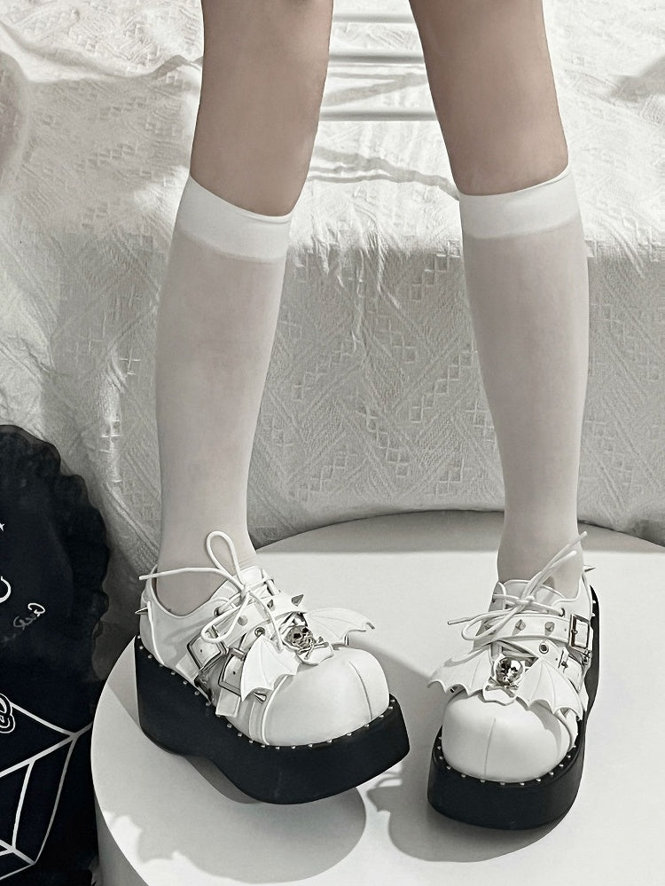 Y2K Matte White Punk Stud Buckle Strap Bat Wings Design Platform Shoes