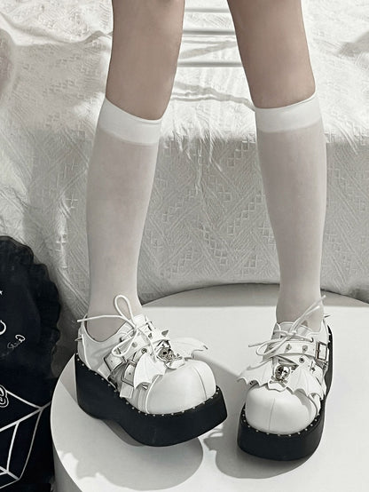 Y2K Matte White Punk Stud Buckle Strap Bat Wings Design Platform Shoes