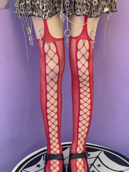 Black/Red/White Punk Rock Cut-out Design Suspender Stockings