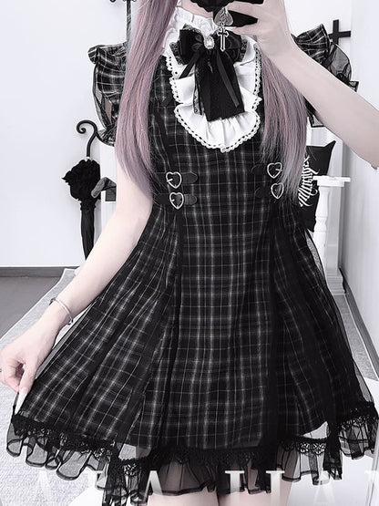 Jirai Kei Flutter Sleeves Heart Buckles Waist Black Plaid Dress with Mesh Overlay