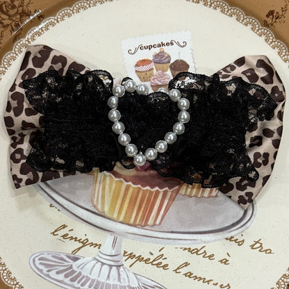Pink/Black Beaded Heart Decorated Leopard Pattern Bowknot Hairclip