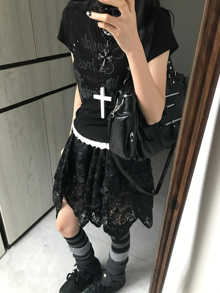 Black Alt Everyday T-shirt with Lace Trim