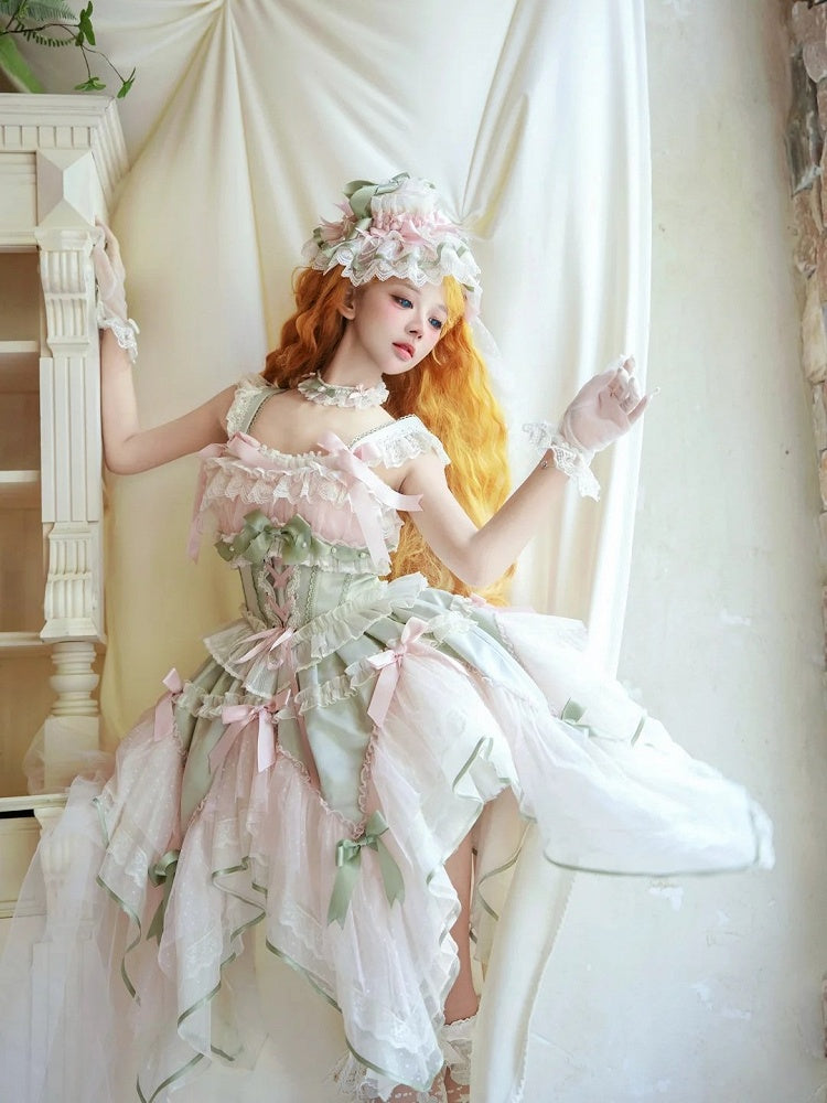 Pink and Green Basque Waist Fairycore Lolita Jumper Skirt with Layered Handkerchief Hem