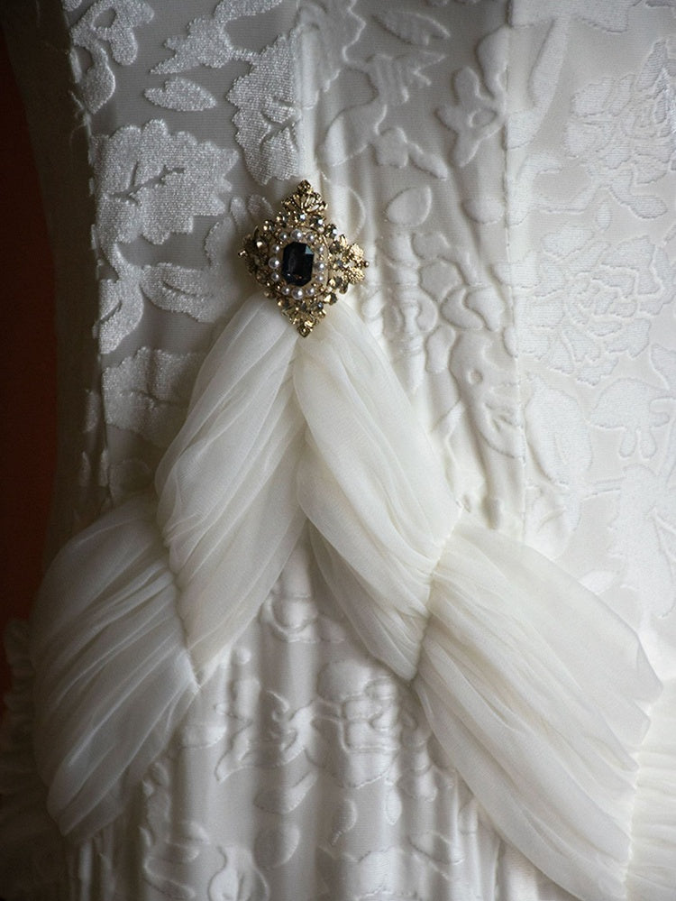 Vintage Rhinestones White Cutout Back V-neck Velvet Gown Evening Dress