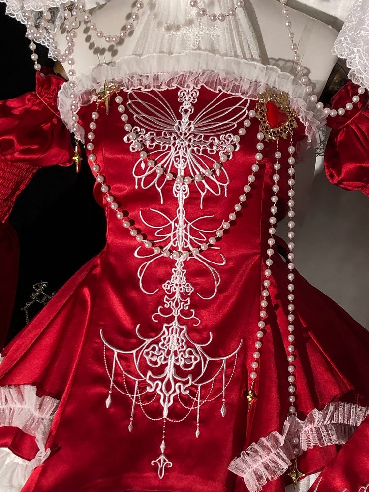 Black / Red / White Heart Brooch with Bead Chains