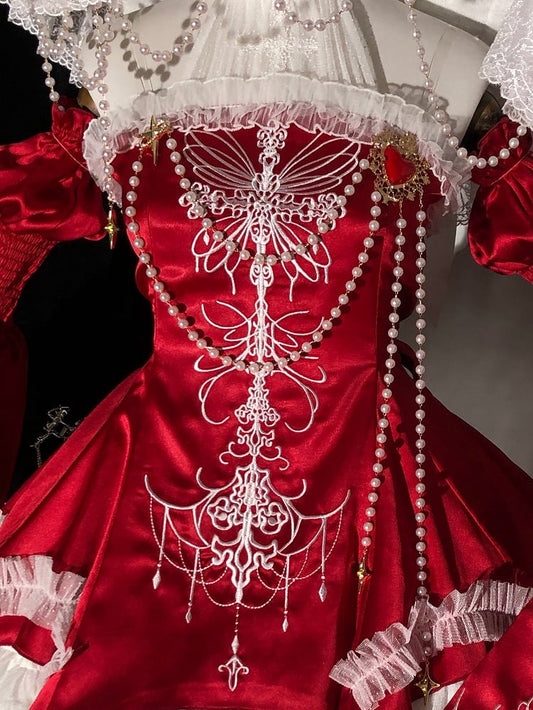 Black / Red / White Heart Brooch with Bead Chains