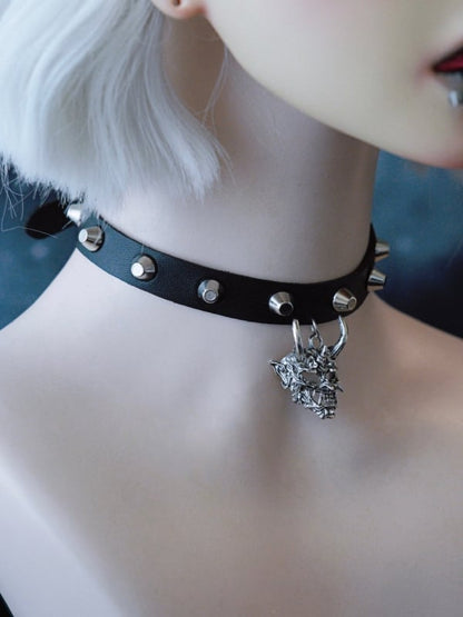 Black&Silver Gothic Demon Mask Pendant Studs Design Buckle Choker