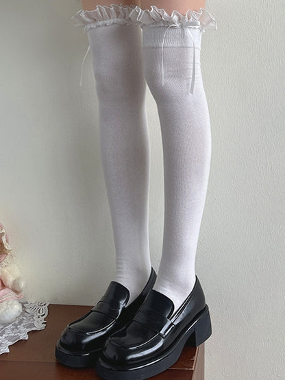 White/Black Bowknot Decorated Lace Trim Lolita Over-Knee Stockings