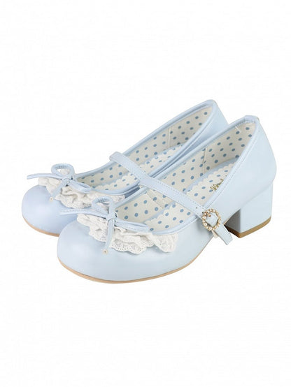Blue Knotted Bow Accent Lace Trim 2.2CM/4.3CM Heels Round Toe Mary Janes