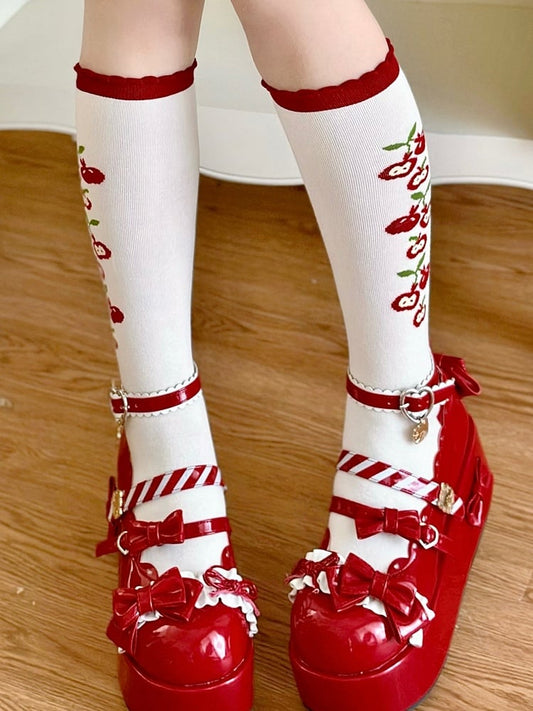 Red Apple Lolita White Calf Socks