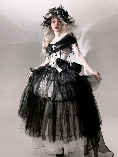 Plus Sizes Available Black Gothic Princess Off-the-shoulder Neckline Dress Black and White
