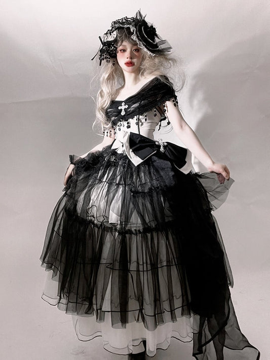 Plus Sizes Available Black Gothic Princess Off-the-shoulder Neckline Dress Black and White