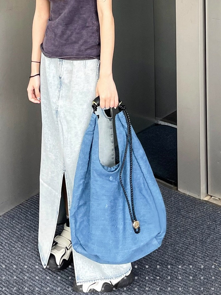 Blue Denim Large Capacity Tote Shoulder Bag With Adjustable Braided Strap