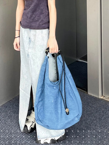 Blue Denim Large Capacity Tote Shoulder Bag With Adjustable Braided Strap