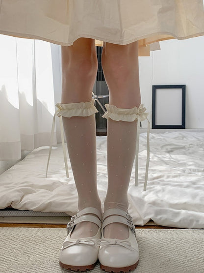 White/Black Polka-dot Pattern Bowknot Details Ruffled Cuff Under-knee Stockings