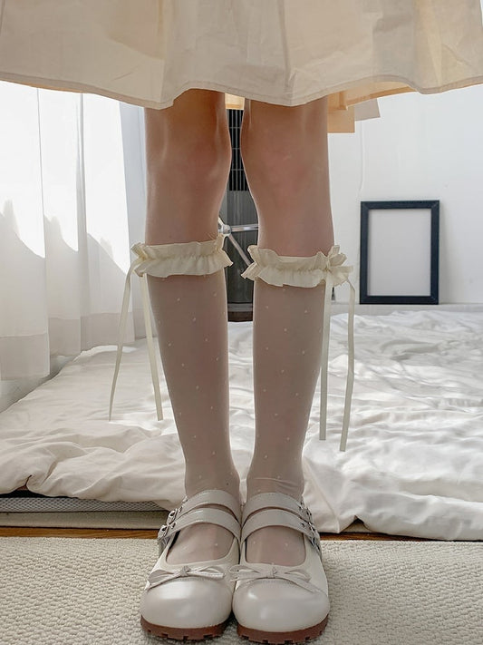 White/Black Polka-dot Pattern Bowknot Details Ruffled Cuff Under-knee Stockings